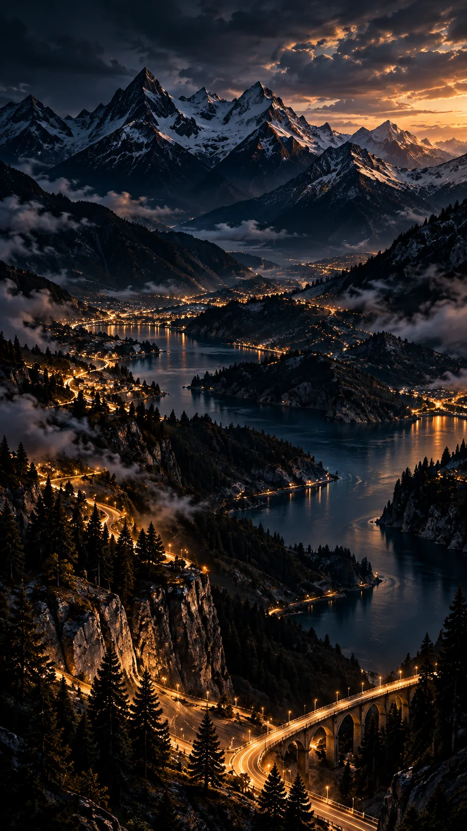 Cinematic mountain valley at twilight