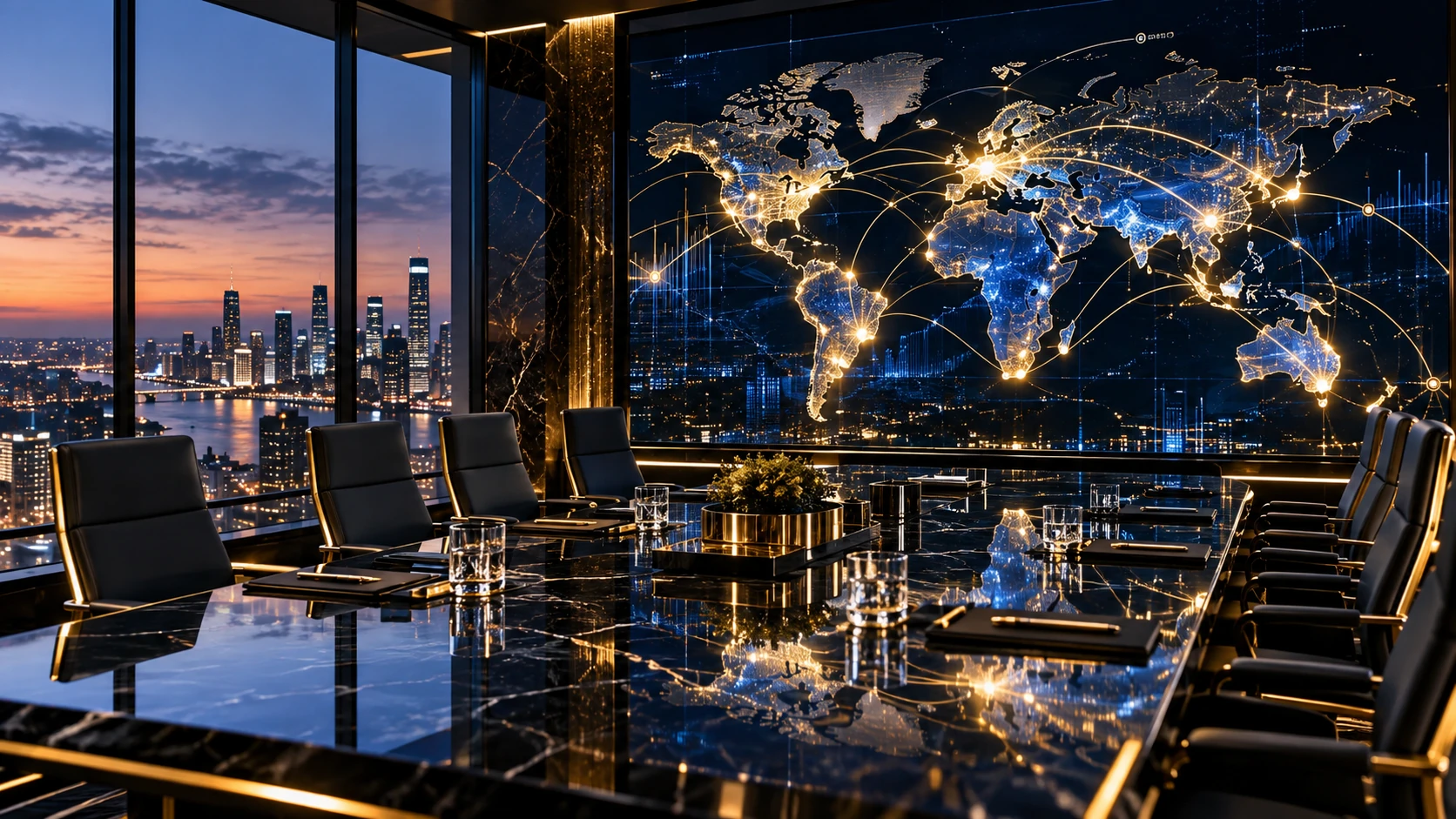 Global advisory office overlooking an international city
