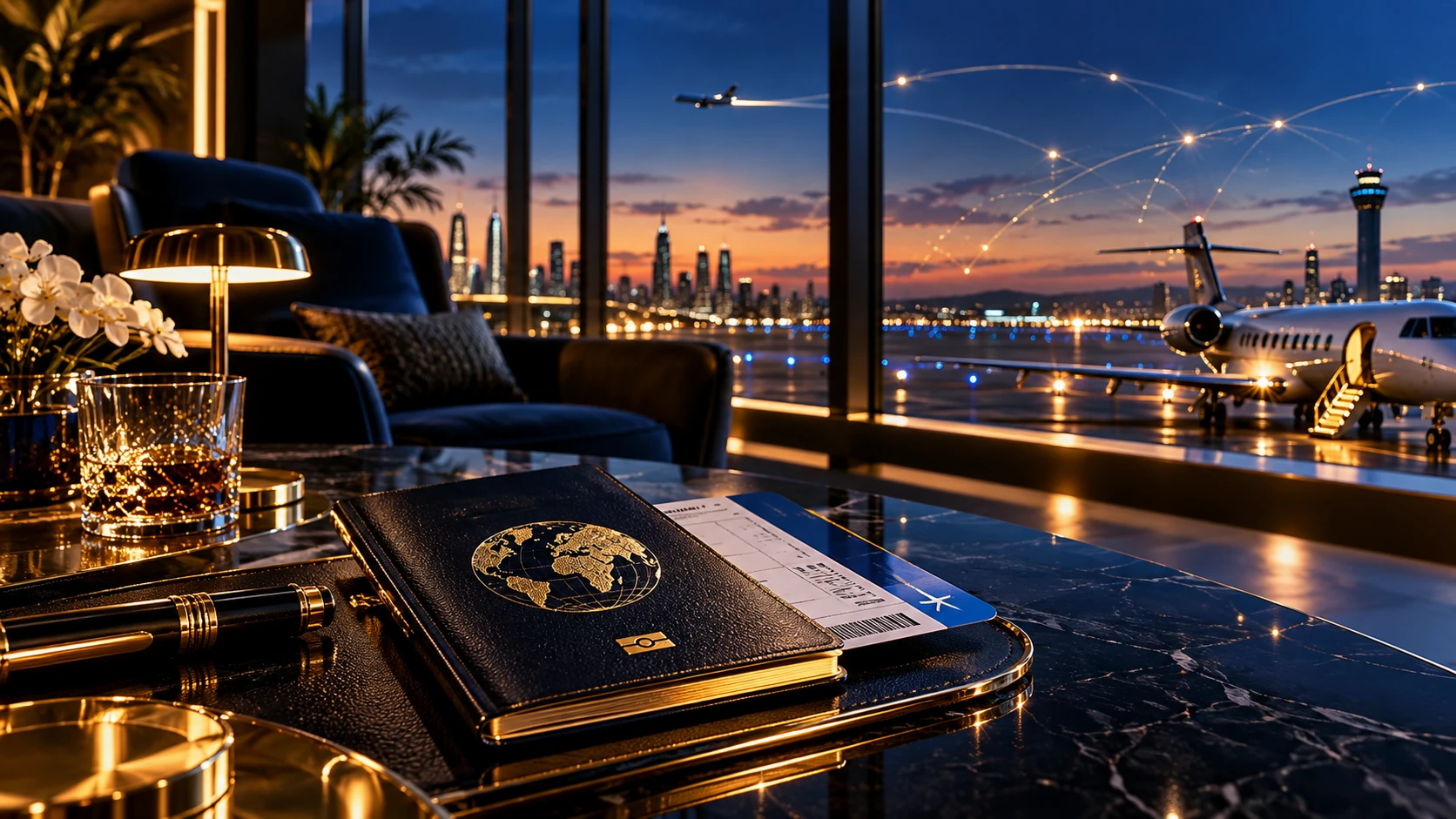 Private aircraft and international city at sunset